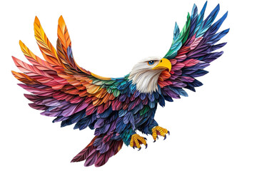 Fototapeta premium A multicolored paper art eagle, isolate on white background, crafted with intricate layers of colored paper. PNG