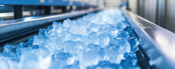 Fresh ice cubes being transported on conveyor belt, showcasing clear and vibrant blue hue. scene captures efficiency of ice production and transportation in modern facility