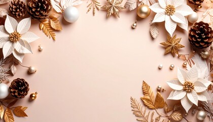 Christmas decoration theme with poinsettias and pinecones festive atmosphere flat lay style warm color palette