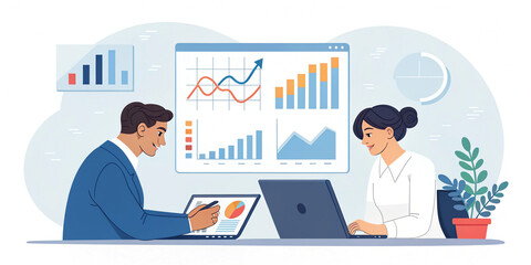 Two Business Professionals Working Together on a Laptop in a Digital Environment