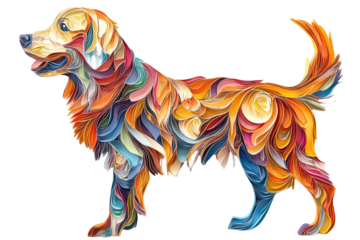 A multicolored paper art Golden Retriever, isolate on white background, capturing its joyful spirit and fluffy coat. PNG