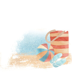 Watercolor beach scene with a striped bag, beach ball, and flip flops on sand and sea background. Ideal for summer invitations, travel blogs, greeting cards, or seasonal decor.