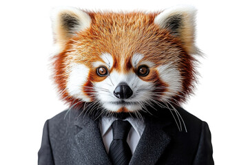 Obraz premium A red panda in a suit, isolate on white background, presenting a fun and quirky visual concept. PNG