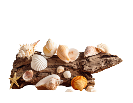 Decorative ocean mollusk shells placed on driftwood with blue background