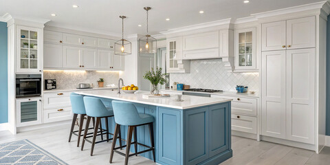 A Cozy White and Blue Kitchen Corner with a Bar for Casual Gatherings