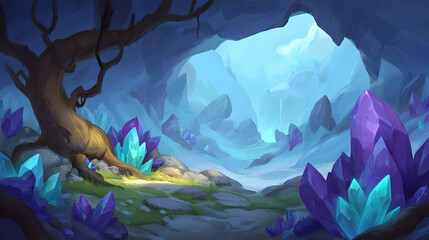 with shimmering icy walls and scattered glowing crystal shards