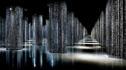 corridor with reflections and digital code flowing across the walls