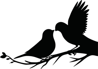 Fototapeta premium Silhouette of love birds on a branch vector on white background