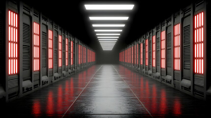 of lights with reflections and sharp glowing panels in random order