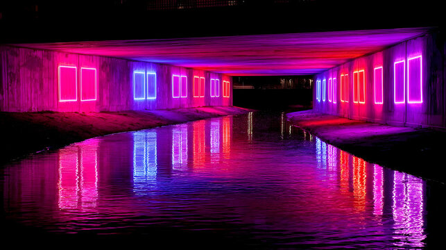 of lights with reflections and sharp glowing panels in random order