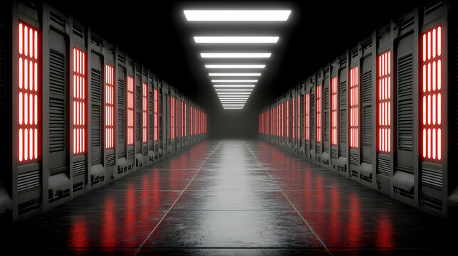 of lights with reflections and sharp glowing panels in random order