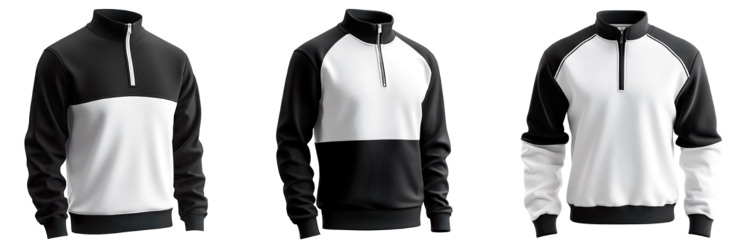 Collection of blank black and white quarter-zip sweater mockups, side view, isolated on a transparent background - Powered by Adobe