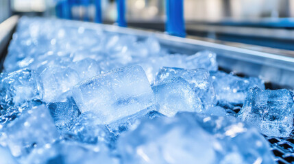 Ice blocks transported by conveyor system, showcasing close up view of clear, frozen cubes. scene conveys sense of efficiency and modern technology in ice production