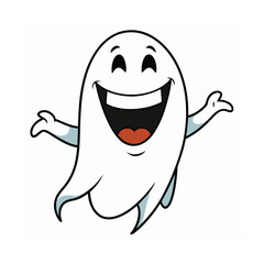 Whimsical cartoon ghost with jagged energetic arms smiling broadly on a clean white background
