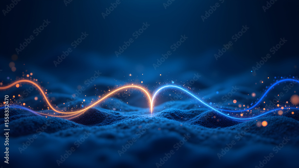 Poster woven light threads on indigo field. gentle radiance, looping curves create balanced visual harmony.