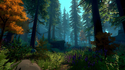 atmosphere with glowing plants, foggy air, and surreal lighting in multiple hues