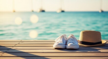 Summer Escape: Shoes & Hat on Wooden Deck