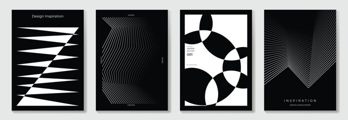 Abstract monochrome poster background vector set. Modern cover template with black and white perspective geometric prism shape, line. Ideal design for social media, banner, ads.