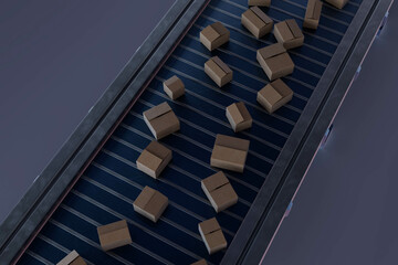 3D rendering of conveyor belt with cardboard boxes moving along, concept of shipping, delivery logistics, and modern warehouse automation