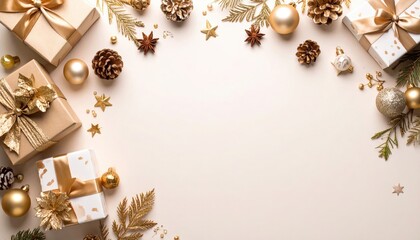 Fototapeta premium Festive gift arrangement holiday celebration decorative display elegant environment overhead view seasonal cheer