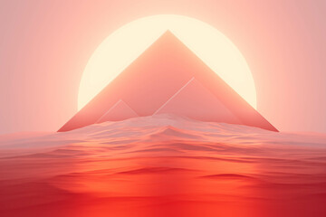 A red mountain is in the foreground of a pink ocean