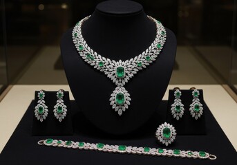 Exquisite emerald and diamond jewelry set displayed on black mannequin