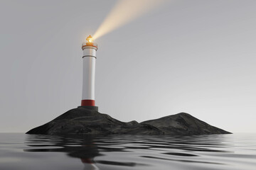 A lighthouse is on a rocky island in the ocean