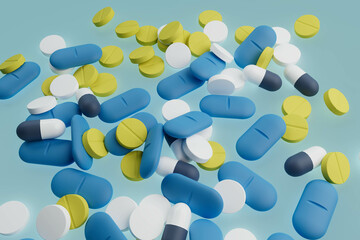 A pile of pills with blue, white, and yellow pills