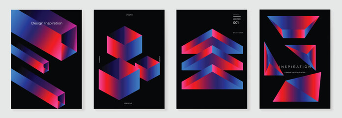 Fototapeta na wymiar Modern gradient prism poster background vector set. Cover template with vibrant perspective geometric prism shapes different. Ideal design for social media, cover, banner, flyer.