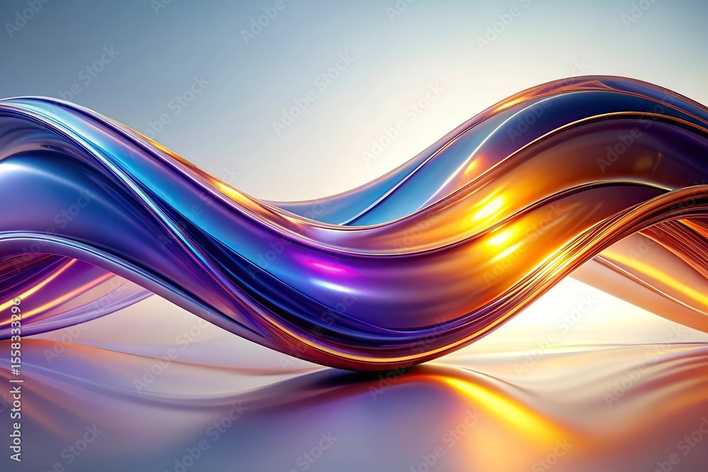 Poster abstract color glass wave on a 3d render close up of a shiny metallic wavy shape on a white backgrou