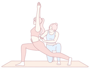 A yoga instructor helps a student perfect their Warrior Pose for improved technique, alignment, and body awareness