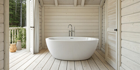 A Detailed View of a White Wooden Bathroom with a Round Tub for Comfort and Style
