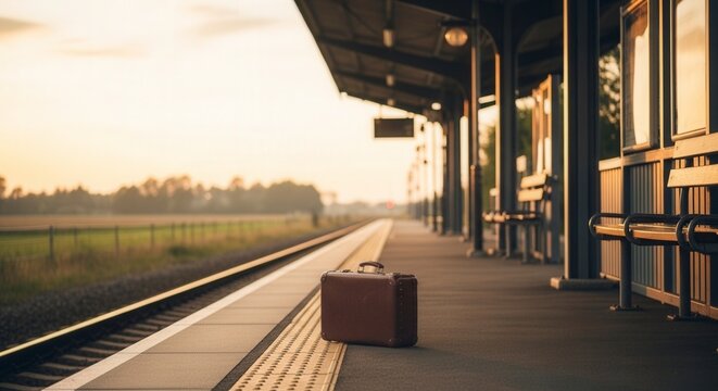 Vintage Suitcase Waiting at Train Platform