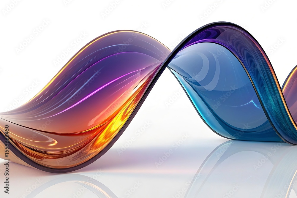 Poster abstract color glass wave on a 3d render close up of a shiny metallic wavy shape on a white backgrou