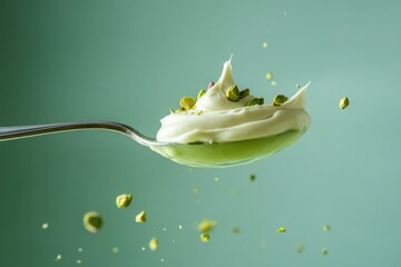 spoon in the air with pistachio cream
