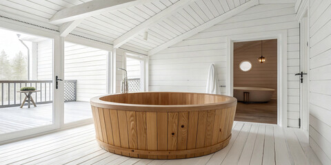 A Close-Up of a White Wooden Bathroom Featuring a Round Tub for Relaxation
