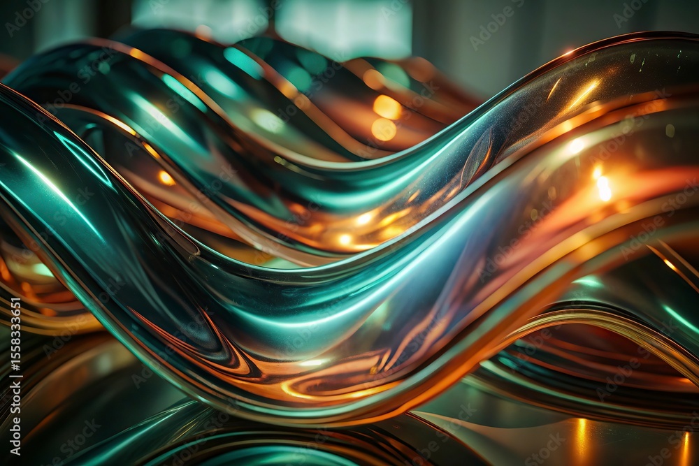 Aufkleber abstract color glass wave on a 3d render close up of a shiny metallic wavy shape on a white backgrou