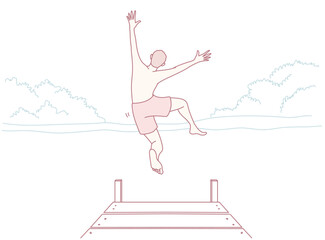 A person is joyfully jumping off a dock into a calm and serene body of water surrounded by beautiful nature