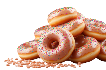 Piles of glazed donuts with colorful sprinkles arranged on a transparent background showcasing their tempting appearance and delightful texture