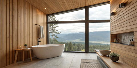 A Cozy Wooden Hotel Bathroom Interior with a Bathtub for Relaxation