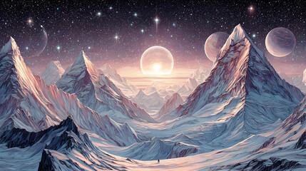 landscape painted in vivid pink, blue, and orange tones under glowing stars