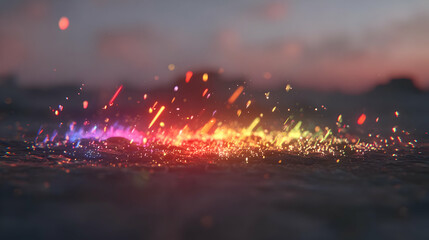 of glowing particles streaming in random motion over a soft blurred backdrop