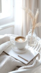 Cappuccino with latte art, pampas pen, and notebook, grass create a cozy morning scene by a sunlit window