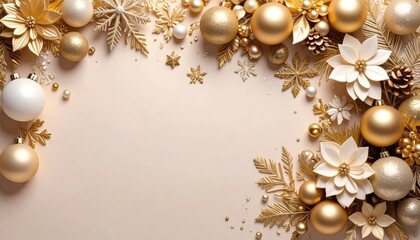 Fototapeta premium Elegant golden holiday decorations festive celebration digital artwork cozy setting top-down view seasonal cheer