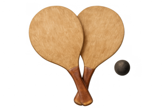 Beach tennis rackets, ball positioned on clean background, ready for seaside sporting action during summer recreation