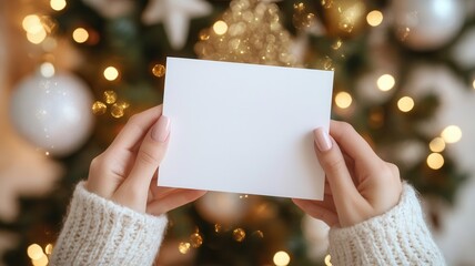 tree, holding blank invitation card near decorated christmas holiday sparkling lights creating festive Woman atmosphere