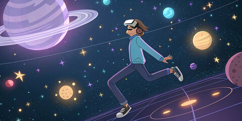 A 3D Rendering of a Cartoon Character in VR Glasses Floating in a Virtual Environment