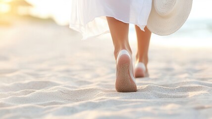 Barefoot woman wearing flowing sunset, dress strolling sandy beach during peaceful holding sun hat, embodying white coastal moment