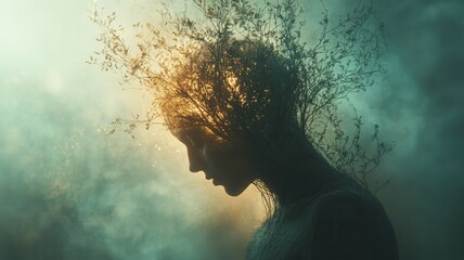 Feminine figure blending with lush greenery, representing psychological balance, inner peace, and ecological connection