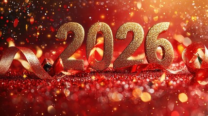 Glittering golden 2026 digits emblazoned across vibrant red background, adorned with festive celebratory ribbons